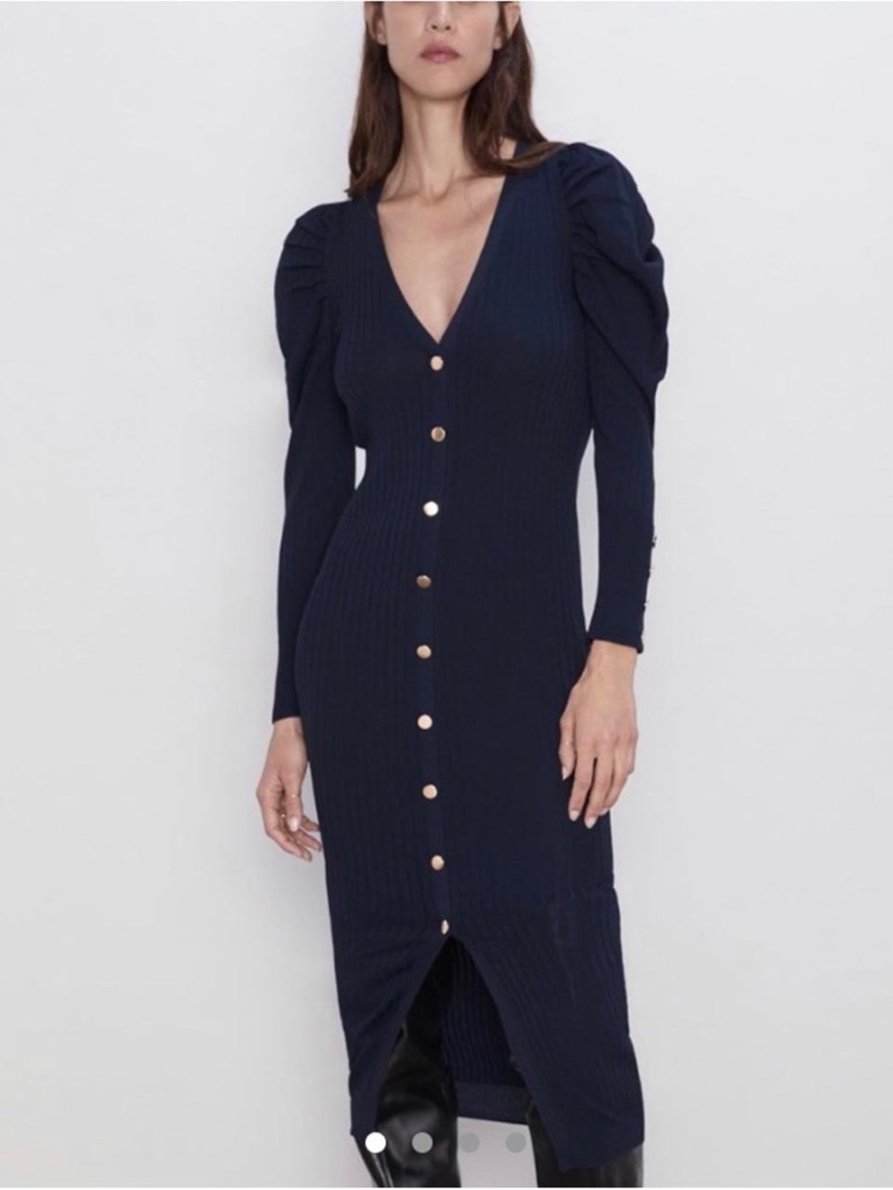 Zara Vintage Inspired Ribbed Knit Midi Dress Button Front Puff Sleeve V Neck